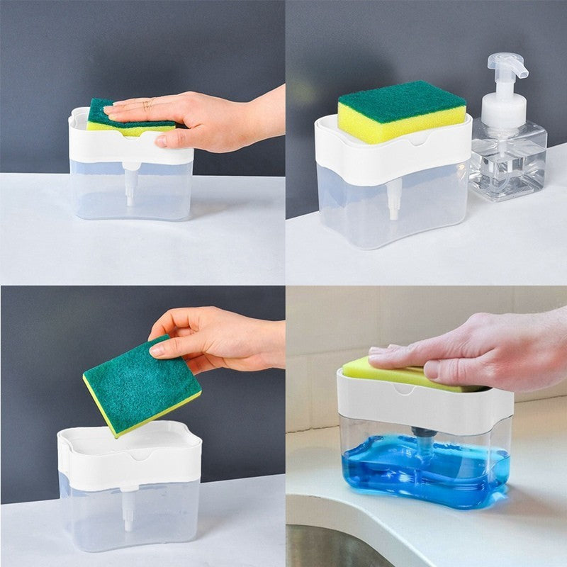 Dozator Dispenser 2 In 1 Pentru Detergent Lichid De Vase Sau Pentru Obiecte Sanitare Cu Suport Pentru Burete De Bucatarie,14 X 10.5 X 10 Cm, Capacitate 380 Ml - vivimall.ro