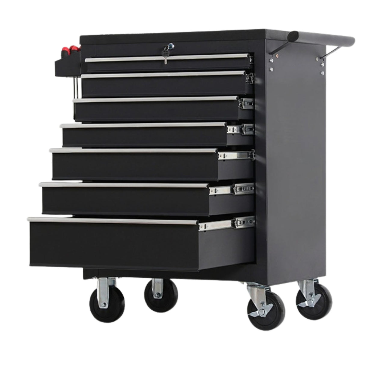 Dulap Mobil pentru Scule, Flippy, 7 Sertare, cu Incuietoare, pe Roti cu Frana, Maner Lateral, 61.5 x 33 x 79 cm, Negru - vivimall.ro