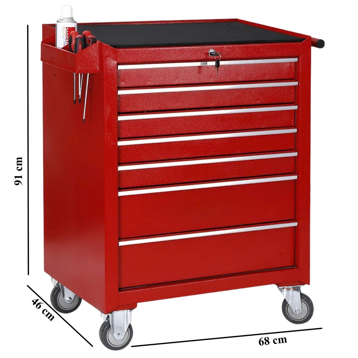 Dulap Mobil pentru Scule, Flippy, Carucior Profesional cu 7 Sertare, Incuietoare si Roti cu Frana, Blat de Lucru Anti-alunecare, 91 x 68 x 46 cm, Rosu/Negru - vivimall.ro