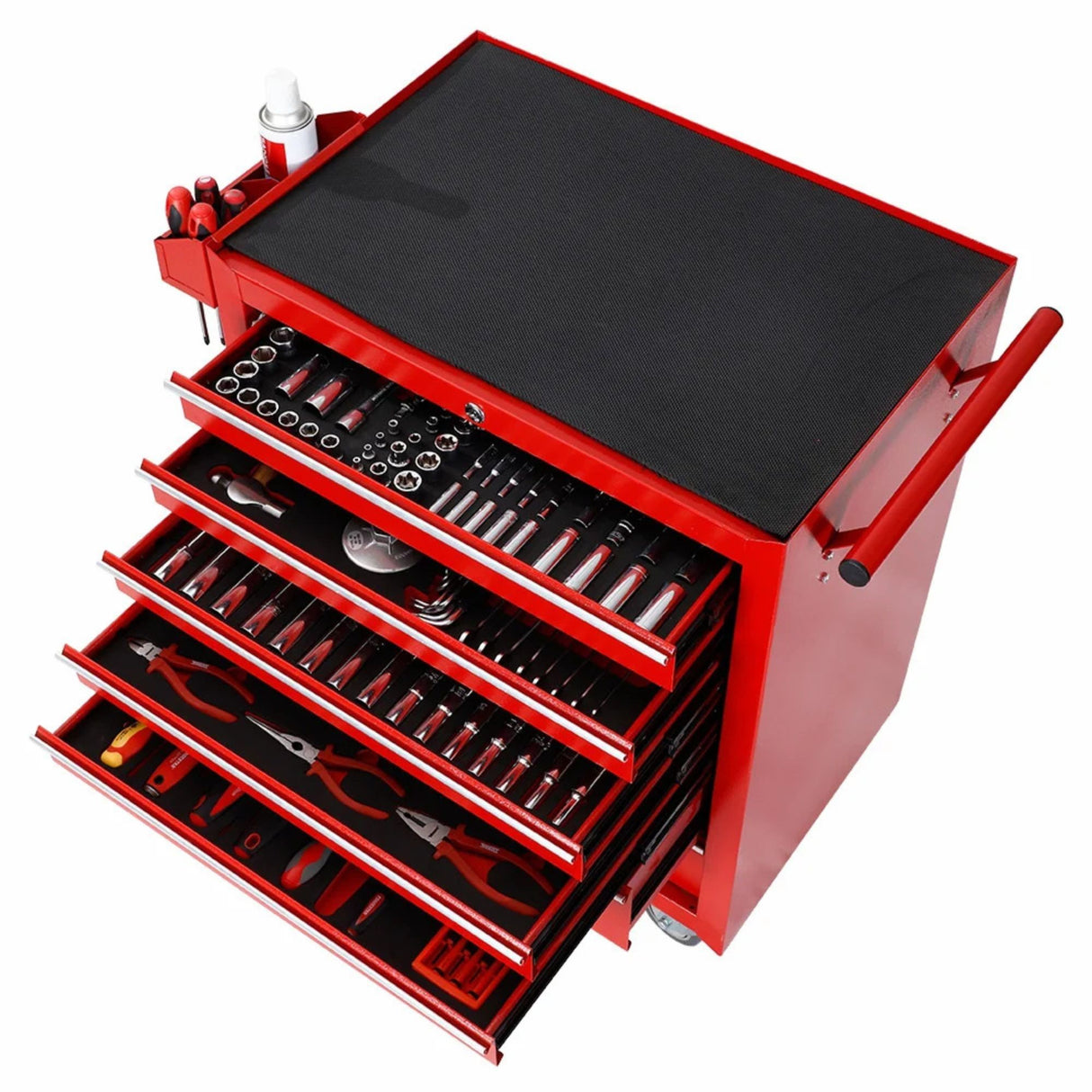 Dulap Mobil pentru Scule, Flippy, Carucior Profesional cu 7 Sertare, Incuietoare si Roti cu Frana, Blat de Lucru Anti-alunecare, 91 x 68 x 46 cm, Rosu/Negru - vivimall.ro