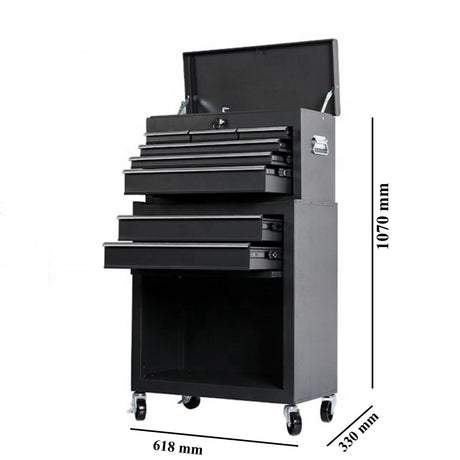 Detaliu sertare dulap scule Flippy, 8 sertare metalice organizate cu suprafețe anti-alunecare, culoare negru