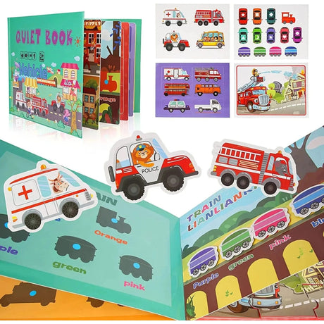 Pagini interactive Quiet Book Flippy Vehicule deschis, activitate Parking Lot cu mașini și simboluri geometrice