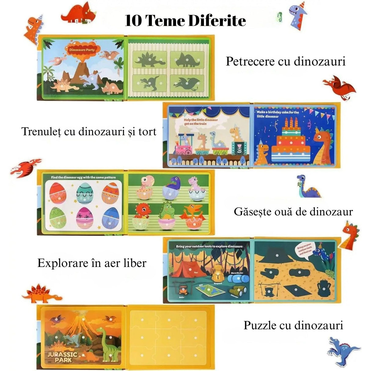 Carte Educativa cu Stickere Reutilizabile, Flippy, Quiet Book Senzoriala cu Pagini Interactive , Joc Montessori, Seria ''Dinozaur'', Dezvolta Motricitatea Fina si Logica, Quiet Book pentru Invatare Timpurie, 3 ani, Multicolor - vivimall.ro