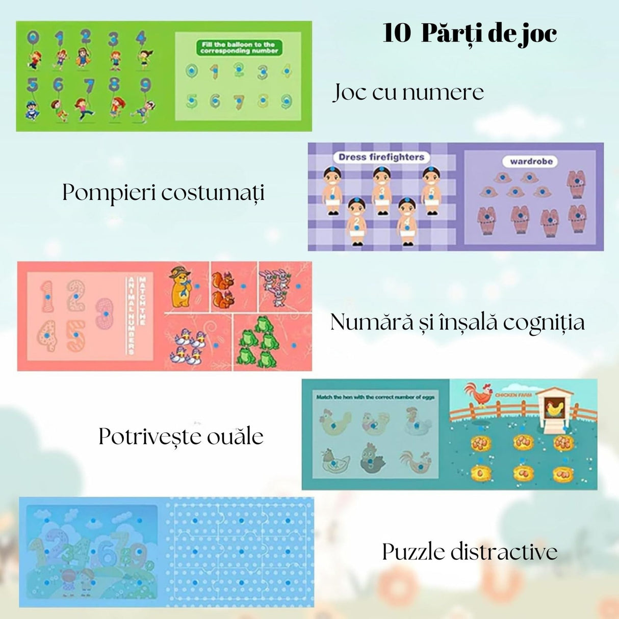 Carte Educativa cu Stickere Reutilizabile, Flippy, Quiet Book Senzoriala cu Pagini Interactive , Joc Montessori, Seria ''Numere'', Dezvolta Motricitatea Fina si Logica, Quiet Book pentru Invatare Timpurie, 3 ani, Multicolor - vivimall.ro