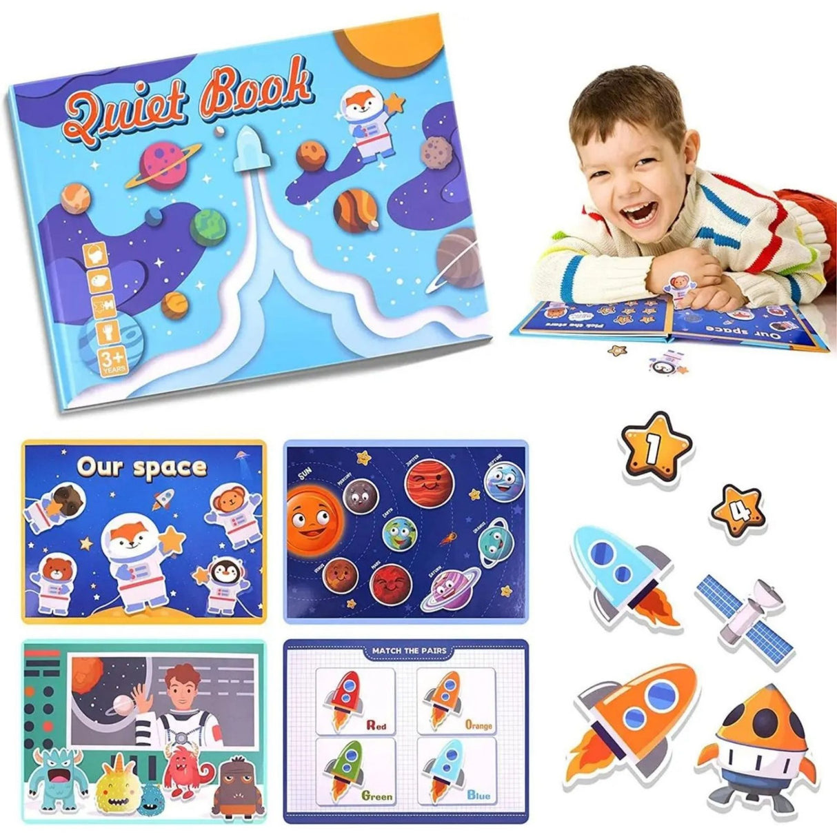 Carte Educativa cu Stickere Reutilizabile, Flippy, Quiet Book Senzoriala cu Pagini Interactive , Joc Montessori, Seria ''Explorarea Spatiului'', Dezvolta Motricitatea Fina si Logica, Quiet Book pentru Invatare Timpurie, 3 ani, Multicolor - vivimall.ro
