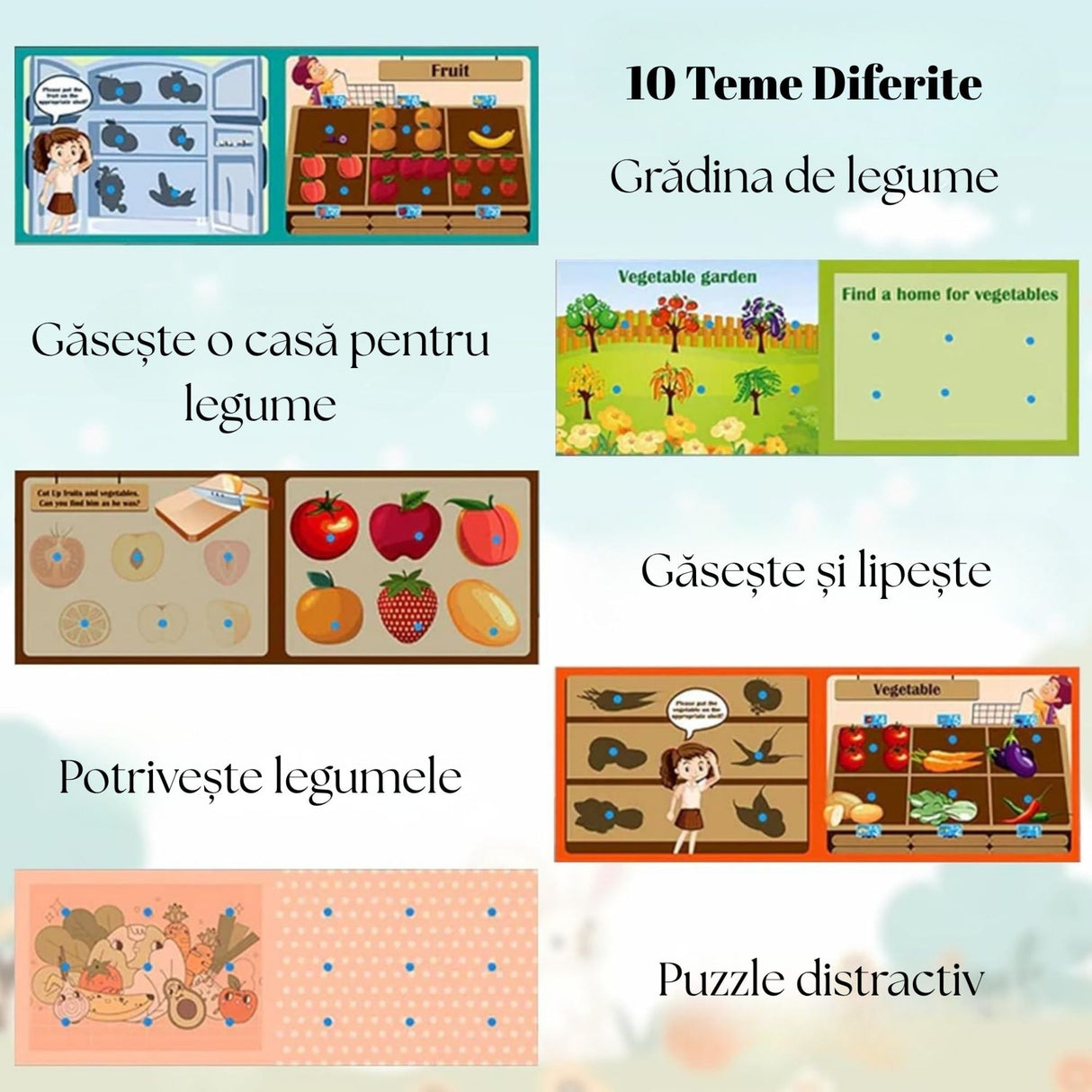 Carte Educativa cu Stickere Reutilizabile, Flippy, Quiet Book Senzoriala cu Pagini Interactive , Joc Montessori, Seria ''Fructe si Legume'', Dezvolta Motricitatea Fina si Logica, pentru Invatare Timpurie, 3 ani, Multicolor - vivimall.ro