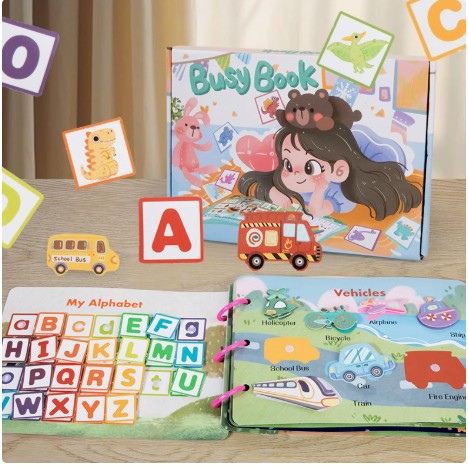 Carte Educationala Montessori, Flippy, Joc Educational Busy Book, Carte Senzoriala cu 12 Teme de Invatare, Dezvolta Motricitatea Fina si Logica, Alfabet, Cifre, Jucarie de Calatorie, 3ani+, Multicolor - vivimall.ro
