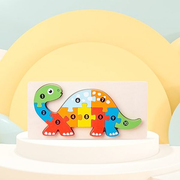 Puzzle din Lemn 3D Montessori, Flippy, Jucarie Educativa pentru Copii, 0-3 Ani, Vopsea Ecologica, Dezvolta Motricitatea Fina, Coordonarea, Logica,  11 Piese, Model Brachiosaurus, Multicolor - vivimall.ro