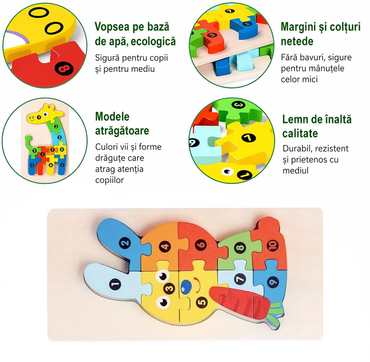 Puzzle din Lemn 3D Montessori, Flippy, Jucarie Educativa pentru Copii, 0-3 Ani, Vopsea Ecologica, Dezvolta Motricitatea Fina, Coordonarea, Logica,  11 Piese, Model Iepure, Multicolor - vivimall.ro