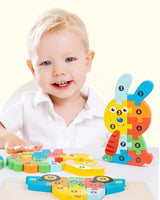 Puzzle din Lemn 3D Montessori, Flippy, Jucarie Educativa pentru Copii, 0-3 Ani, Vopsea Ecologica, Dezvolta Motricitatea Fina, Coordonarea, Logica,  11 Piese, Model Iepure, Multicolor - vivimall.ro