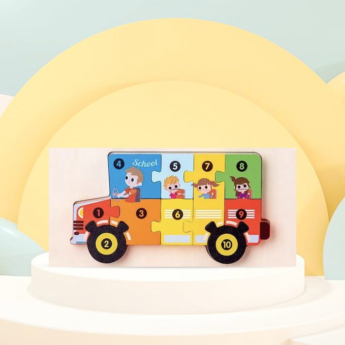 Puzzle din Lemn 3D Montessori, Flippy, Jucarie Educativa pentru Copii, 0-3 Ani, Vopsea Ecologica, Dezvolta Motricitatea Fina, Coordonarea, Logica,  11 Piese, Model Autobuz Scolar, Multicolor - vivimall.ro