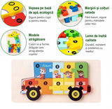 Puzzle din Lemn 3D Montessori, Flippy, Jucarie Educativa pentru Copii, 0-3 Ani, Vopsea Ecologica, Dezvolta Motricitatea Fina, Coordonarea, Logica,  11 Piese, Model Autobuz Scolar, Multicolor - vivimall.ro