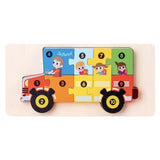 Puzzle din Lemn 3D Montessori, Flippy, Jucarie Educativa pentru Copii, 0-3 Ani, Vopsea Ecologica, Dezvolta Motricitatea Fina, Coordonarea, Logica,  11 Piese, Model Autobuz Scolar, Multicolor - vivimall.ro
