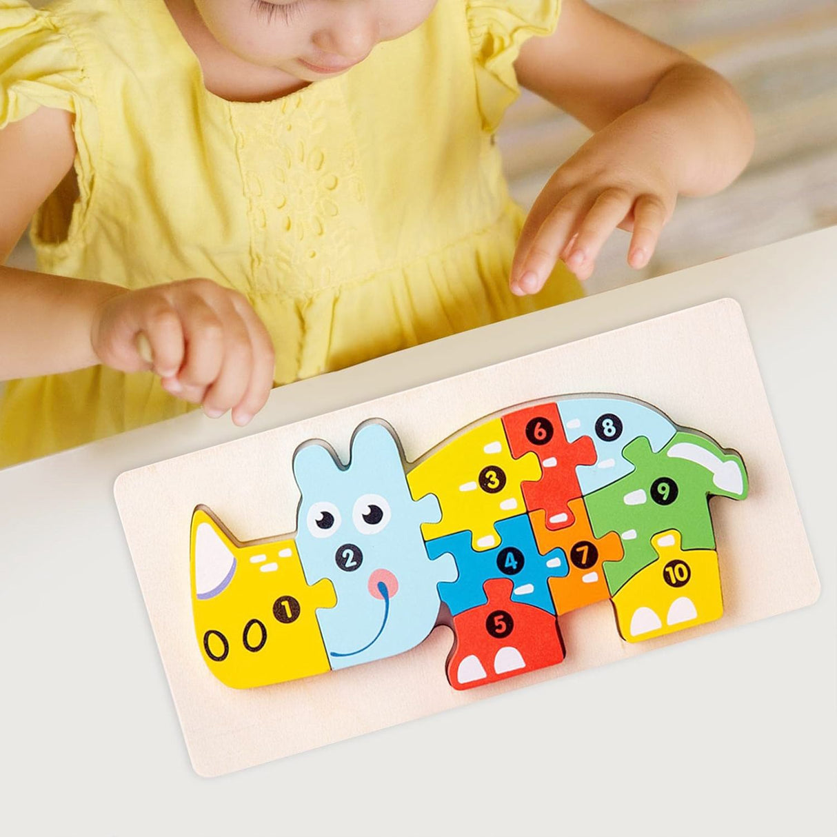 Puzzle din Lemn 3D Montessori, Flippy, Jucarie Educativa pentru Copii, 0-3 Ani, Vopsea Ecologica, Dezvolta Motricitatea Fina, Coordonarea, Logica,  11 Piese, Model Rinocer, Multicolor - vivimall.ro