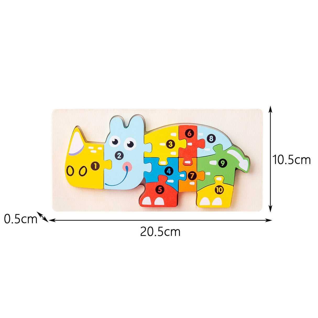 Puzzle din Lemn 3D Montessori, Flippy, Jucarie Educativa pentru Copii, 0-3 Ani, Vopsea Ecologica, Dezvolta Motricitatea Fina, Coordonarea, Logica,  11 Piese, Model Rinocer, Multicolor - vivimall.ro