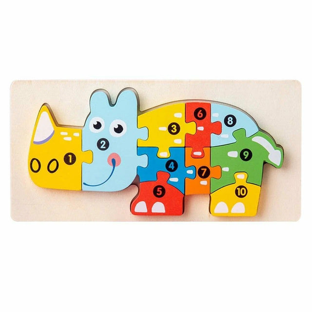 Puzzle din Lemn 3D Montessori, Flippy, Jucarie Educativa pentru Copii, 0-3 Ani, Vopsea Ecologica, Dezvolta Motricitatea Fina, Coordonarea, Logica,  11 Piese, Model Rinocer, Multicolor - vivimall.ro