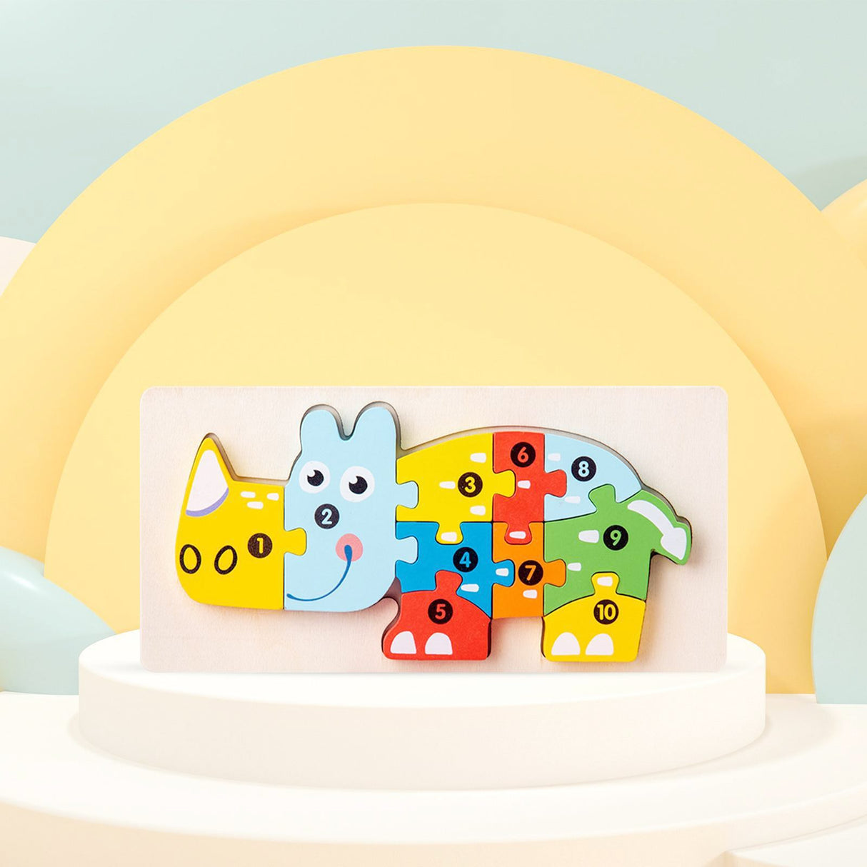 Puzzle din Lemn 3D Montessori, Flippy, Jucarie Educativa pentru Copii, 0-3 Ani, Vopsea Ecologica, Dezvolta Motricitatea Fina, Coordonarea, Logica,  11 Piese, Model Rinocer, Multicolor - vivimall.ro
