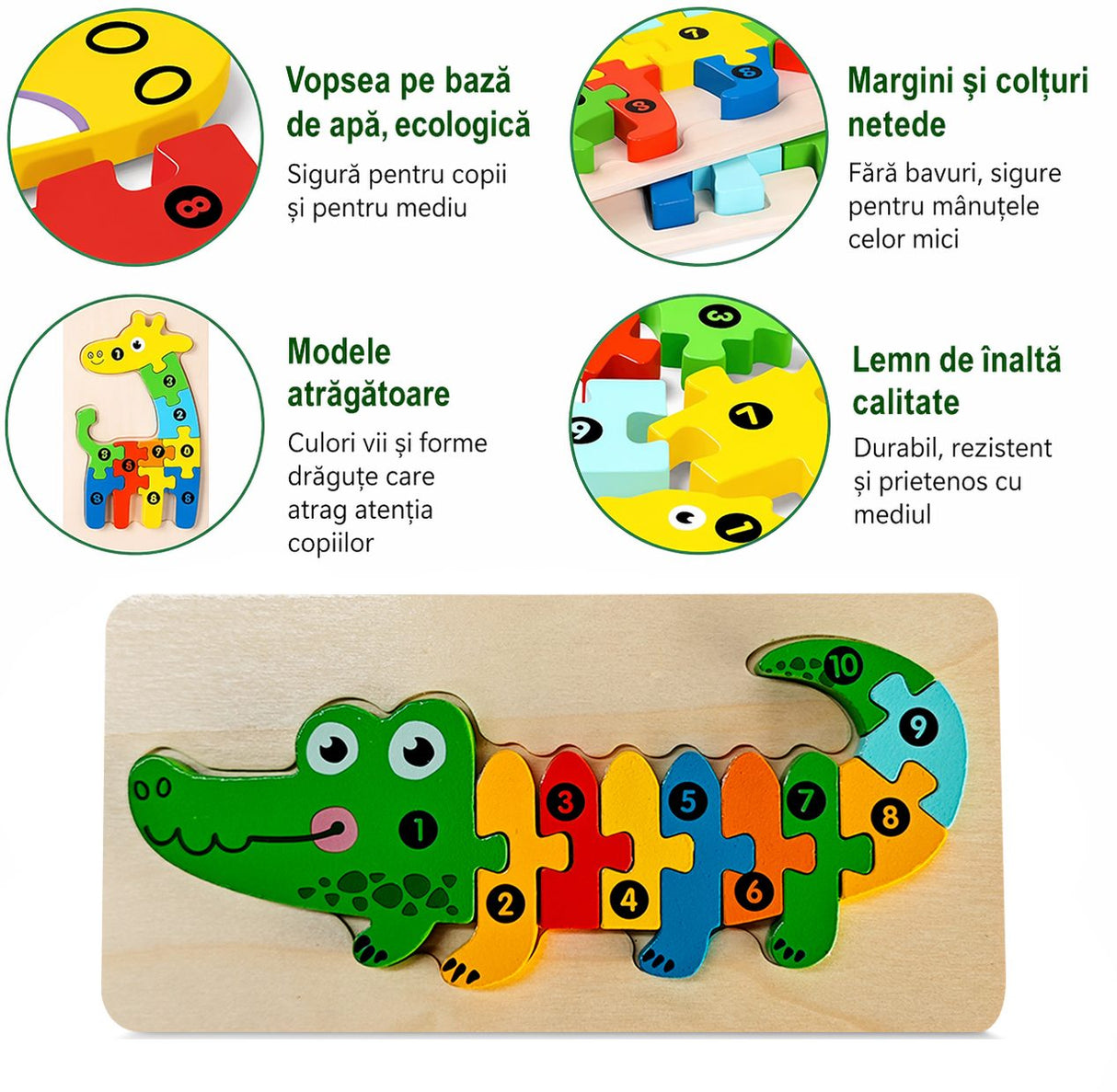 Puzzle din Lemn 3D Montessori, Flippy, Jucarie Educativa pentru Copii, 0-3 Ani, Vopsea Ecologica, Dezvolta Motricitatea Fina, Coordonarea, Logica,  11 Piese, Model Crocodil, Multicolor - vivimall.ro