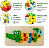 Puzzle din Lemn 3D Montessori, Flippy, Jucarie Educativa pentru Copii, 0-3 Ani, Vopsea Ecologica, Dezvolta Motricitatea Fina, Coordonarea, Logica,  11 Piese, Model Crocodil, Multicolor - vivimall.ro