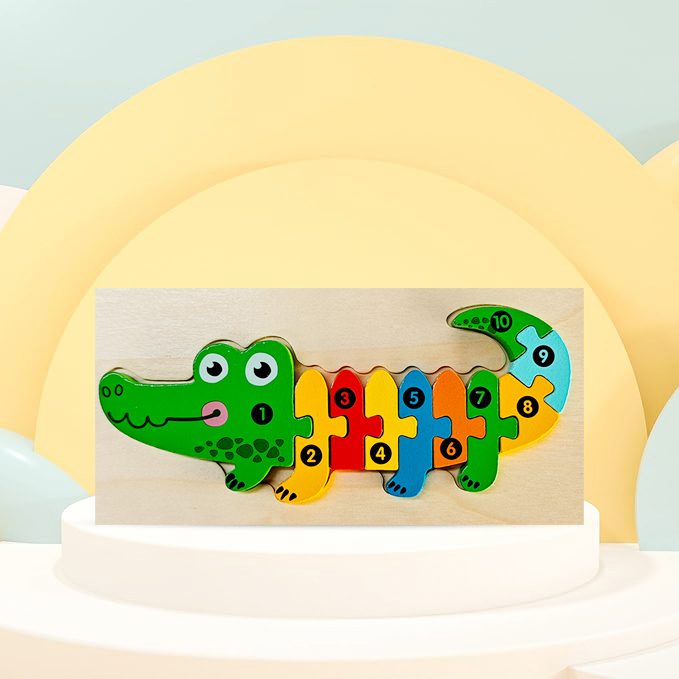 Puzzle din Lemn 3D Montessori, Flippy, Jucarie Educativa pentru Copii, 0-3 Ani, Vopsea Ecologica, Dezvolta Motricitatea Fina, Coordonarea, Logica,  11 Piese, Model Crocodil, Multicolor - vivimall.ro