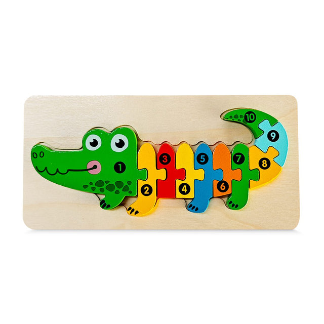 Puzzle din Lemn 3D Montessori, Flippy, Jucarie Educativa pentru Copii, 0-3 Ani, Vopsea Ecologica, Dezvolta Motricitatea Fina, Coordonarea, Logica,  11 Piese, Model Crocodil, Multicolor - vivimall.ro