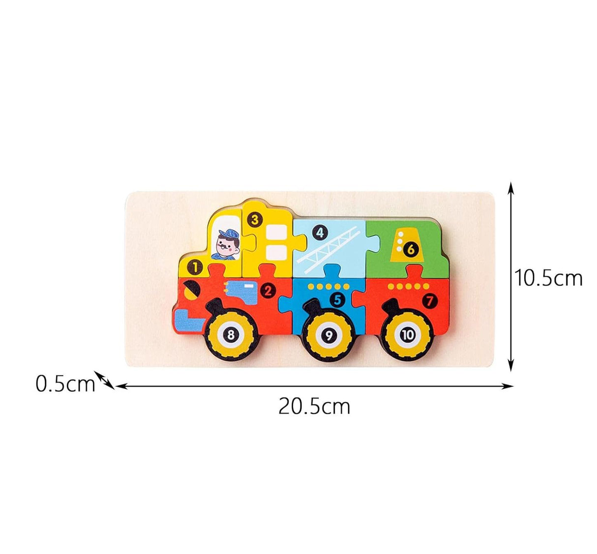 Puzzle din Lemn 3D Montessori, Flippy, Jucarie Educativa pentru Copii, 0-3 Ani, Vopsea Ecologica, Dezvolta Motricitatea Fina, Coordonarea, Logica,  11 Piese, Model Vehicul de Constructii, Multicolor - vivimall.ro