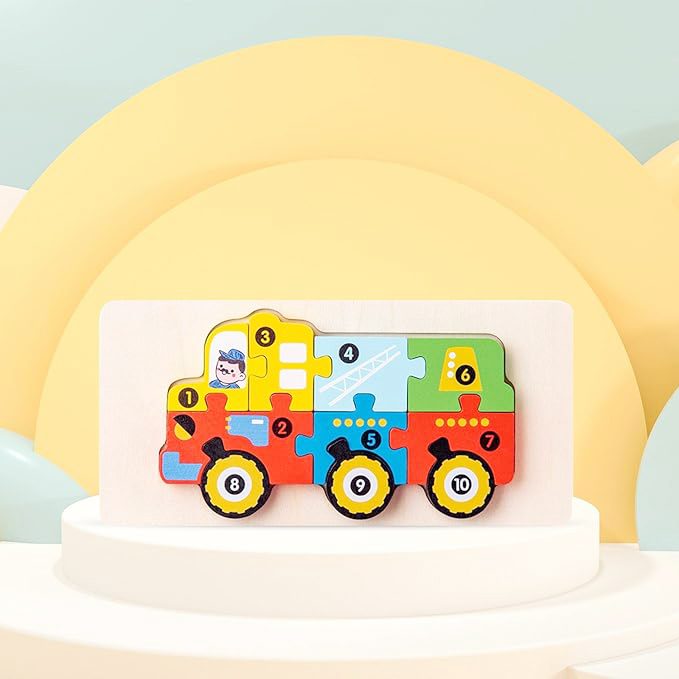 Puzzle din Lemn 3D Montessori, Flippy, Jucarie Educativa pentru Copii, 0-3 Ani, Vopsea Ecologica, Dezvolta Motricitatea Fina, Coordonarea, Logica,  11 Piese, Model Vehicul de Constructii, Multicolor - vivimall.ro
