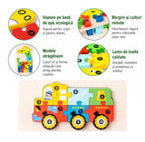 Puzzle din Lemn 3D Montessori, Flippy, Jucarie Educativa pentru Copii, 0-3 Ani, Vopsea Ecologica, Dezvolta Motricitatea Fina, Coordonarea, Logica,  11 Piese, Model Vehicul de Constructii, Multicolor - vivimall.ro
