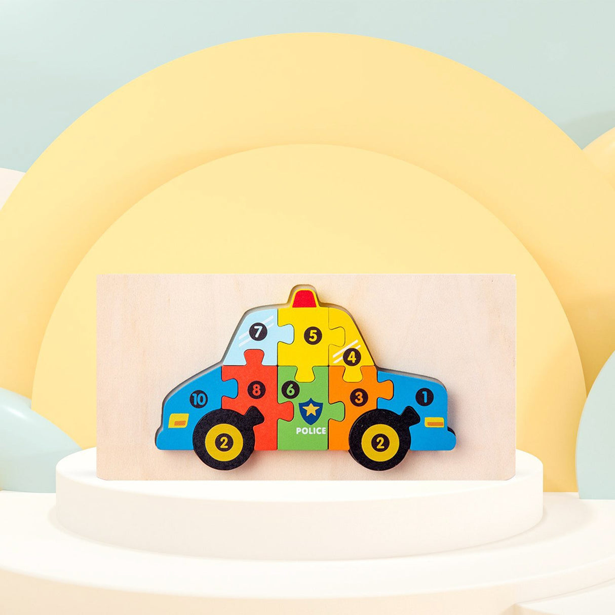 Puzzle din Lemn 3D Montessori, Flippy, Jucarie Educativa pentru Copii, 0-3 Ani, Vopsea Ecologica, Dezvolta Motricitatea Fina, Coordonarea, Logica,  11 Piese, Model Masina de Politie, Multicolor - vivimall.ro