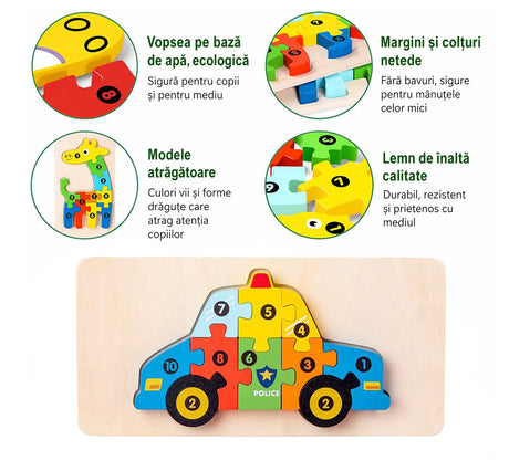Puzzle lemn Montessori Flippy 11 piese dezmembrate, model mașină de poliție multicolor, detaliu piese