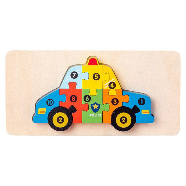 Puzzle din Lemn 3D Montessori, Flippy, Jucarie Educativa pentru Copii, 0-3 Ani, Vopsea Ecologica, Dezvolta Motricitatea Fina, Coordonarea, Logica,  11 Piese, Model Masina de Politie, Multicolor - vivimall.ro