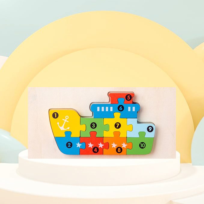 Puzzle din Lemn 3D Montessori, Flippy, Jucarie Educativa pentru Copii, 0-3 Ani, Vopsea Ecologica, Dezvolta Motricitatea Fina, Coordonarea, Logica,  11 Piese, Model Nava, Multicolor - vivimall.ro
