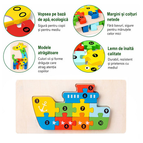 Piesele puzzle Flippy model Navă aranjate separat, lemn masiv vopsit ecologic, 11 piese