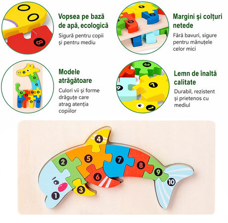 Puzzle lemn Flippy model delfin desfăcut, cele 11 piese colorate așezate lângă carcasă