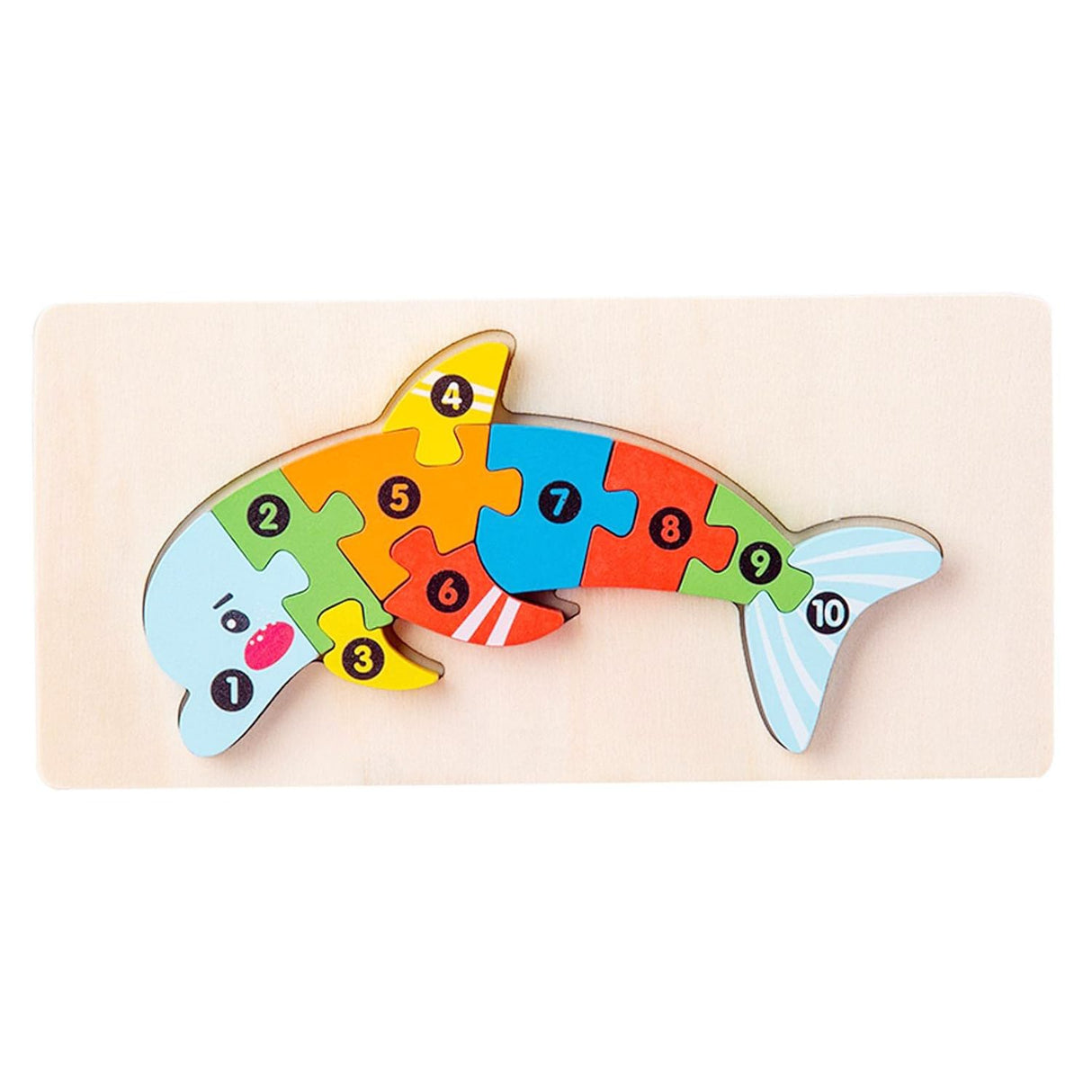 Puzzle din Lemn 3D Montessori, Flippy, Jucarie Educativa pentru Copii, 0-3 Ani, Vopsea Ecologica, Dezvolta Motricitatea Fina, Coordonarea, Logica,  11 Piese, Model Delfin, Multicolor - vivimall.ro
