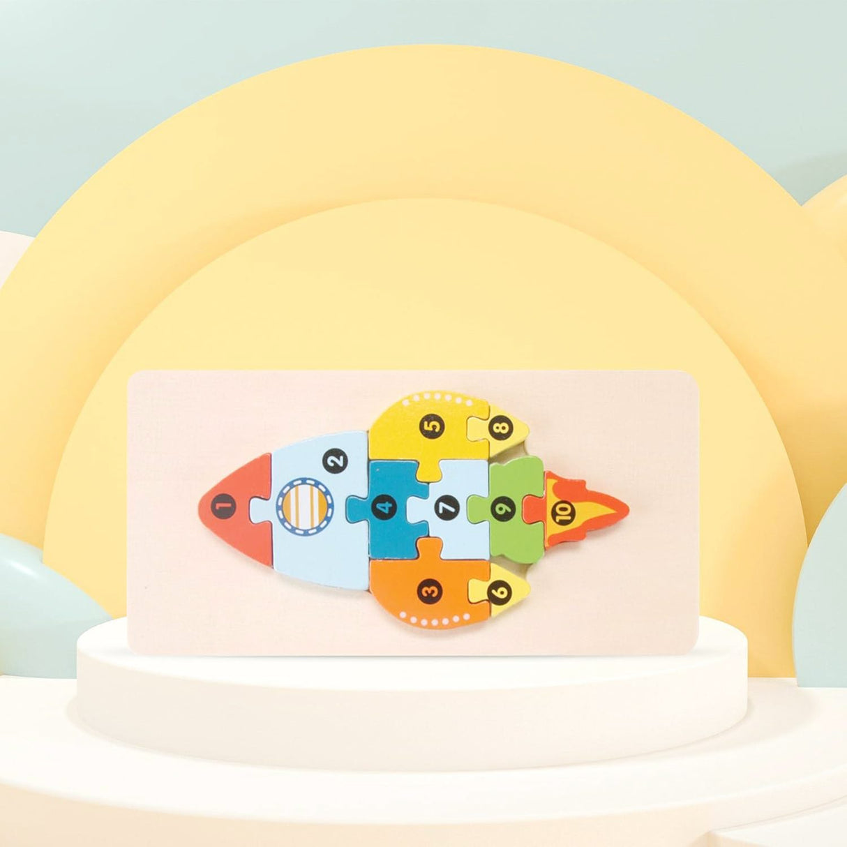 Puzzle din Lemn 3D Montessori, Flippy, Jucarie Educativa pentru Copii, 0-3 Ani, Vopsea Ecologica, Dezvolta Motricitatea Fina, Coordonarea, Logica,  11 Piese, Model Racheta, Multicolor - vivimall.ro