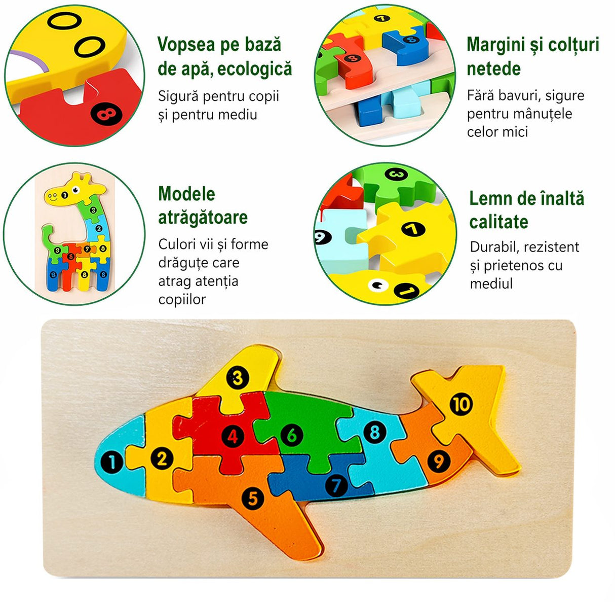 Puzzle din Lemn 3D Montessori, Flippy, Jucarie Educativa pentru Copii, 0-3 Ani, Vopsea Ecologica, Dezvolta Motricitatea Fina, Coordonarea, Logica,  11 Piese, Model Avion, Multicolor - vivimall.ro
