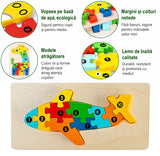 Puzzle din Lemn 3D Montessori, Flippy, Jucarie Educativa pentru Copii, 0-3 Ani, Vopsea Ecologica, Dezvolta Motricitatea Fina, Coordonarea, Logica,  11 Piese, Model Avion, Multicolor - vivimall.ro