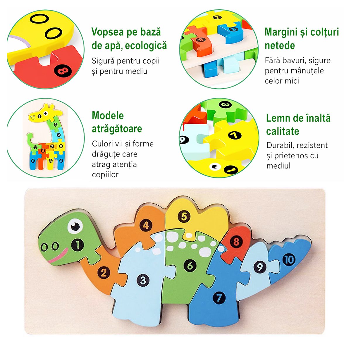 Puzzle din Lemn 3D Montessori, Flippy, Jucarie Educativa pentru Copii, 0-3 Ani, Vopsea Ecologica, Dezvolta Motricitatea Fina, Coordonarea, Logica,  11 Piese, Model Stegosaurus, Multicolor - vivimall.ro