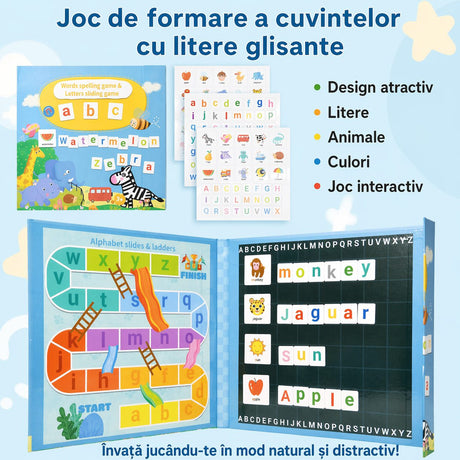 Joc educativ Flippy cu litere magnetice alfabet englez, detaliu piese colorate pe suprafața cărții