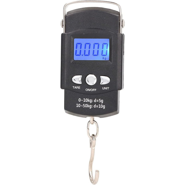 Cantar Digital de Mana cu Carlig, Vivimall, Cantar Portabil, Pescuit, cu Maner, Capacitate 50 kg, cu Metru Incorporat, 20.5 x 6 x 2.5 cm, Negru - vivimall.ro