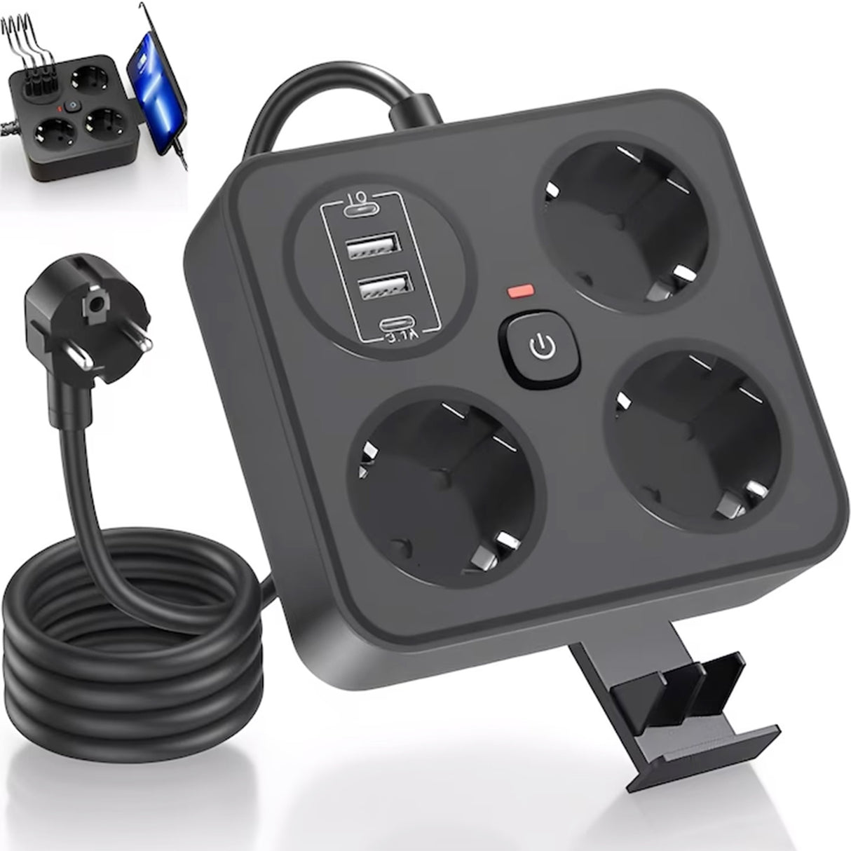 Prelungitor Multifunctional pentru Birou, Flippy, 3 Prize, 2 USB-A, 2 TYPE-C, Suport pentru Telefon, 3250W, Lungime Cablu 2 m, 11.4 x 12.4 cm, Negru - vivimall.ro