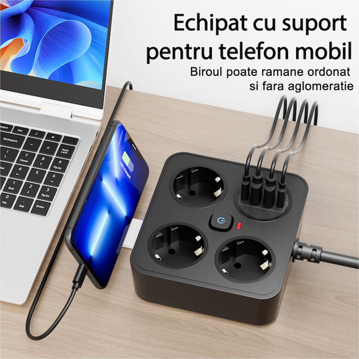 Prelungitor Multifunctional pentru Birou, Flippy, 3 Prize, 2 USB-A, 2 TYPE-C, Suport pentru Telefon, 3250W, Lungime Cablu 2 m, 11.4 x 12.4 cm, Negru - vivimall.ro
