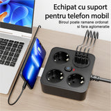 Prelungitor Multifunctional pentru Birou, Flippy, 3 Prize, 2 USB-A, 2 TYPE-C, Suport pentru Telefon, 3250W, Lungime Cablu 2 m, 11.4 x 12.4 cm, Negru - vivimall.ro