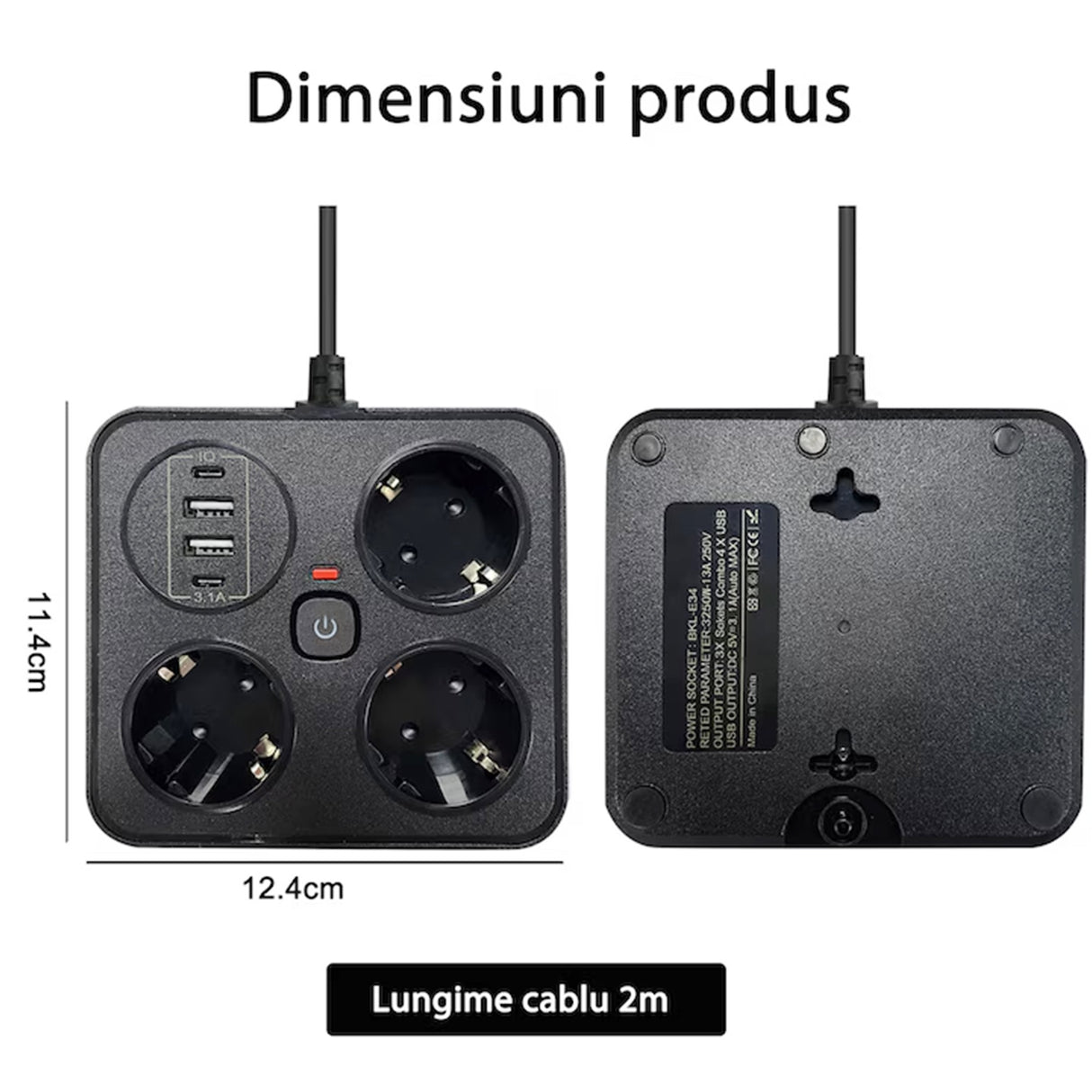 Prelungitor Multifunctional pentru Birou, Flippy, 3 Prize, 2 USB-A, 2 TYPE-C, Suport pentru Telefon, 3250W, Lungime Cablu 2 m, 11.4 x 12.4 cm, Negru - vivimall.ro