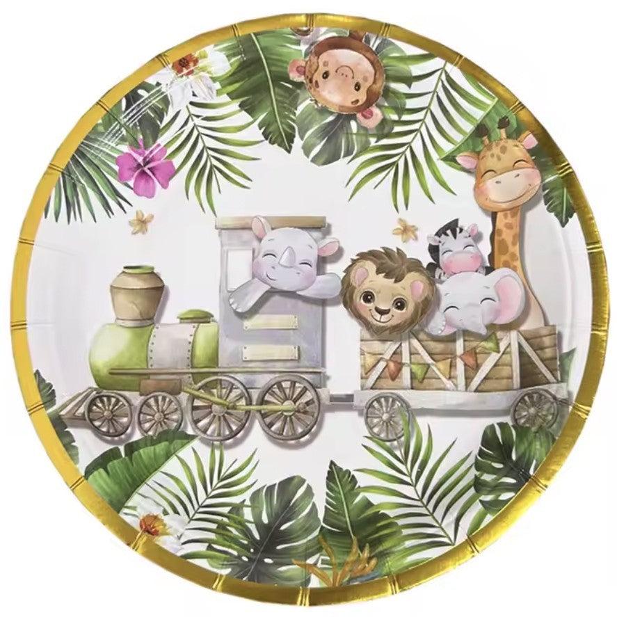 Farfurii Cartonate pentru Petreceri, Vivimall, Farfurii cartonate de unica Folosinta pentru Zile de Nastere, Model Safari cu animale, set 10 buc, Diametru 23 cm, Multicolor - vivimall.ro