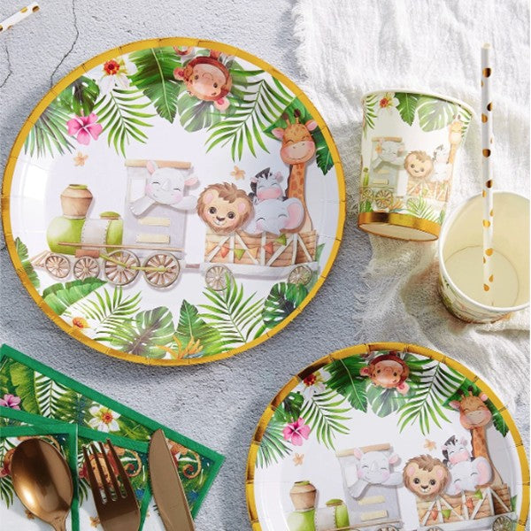 Farfurii Cartonate pentru Petreceri, Vivimall, Farfurii cartonate de unica Folosinta pentru Zile de Nastere, Model Safari cu animale, set 10 buc, Diametru 23 cm, Multicolor - vivimall.ro