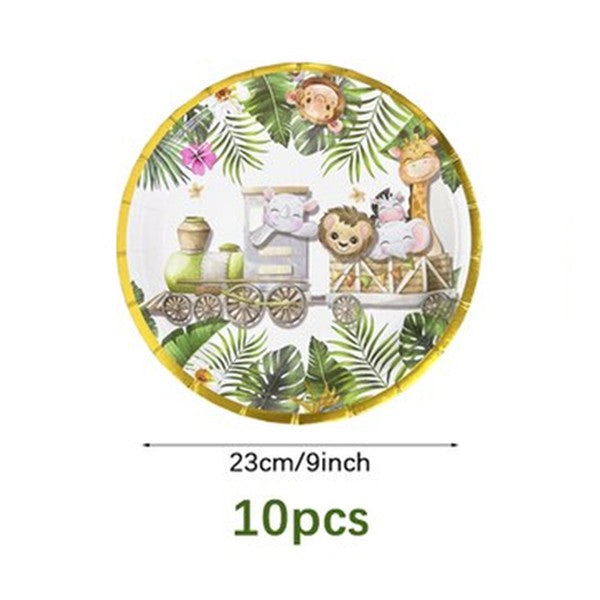 Farfurii Cartonate pentru Petreceri, Vivimall, Farfurii cartonate de unica Folosinta pentru Zile de Nastere, Model Safari cu animale, set 10 buc, Diametru 23 cm, Multicolor - vivimall.ro