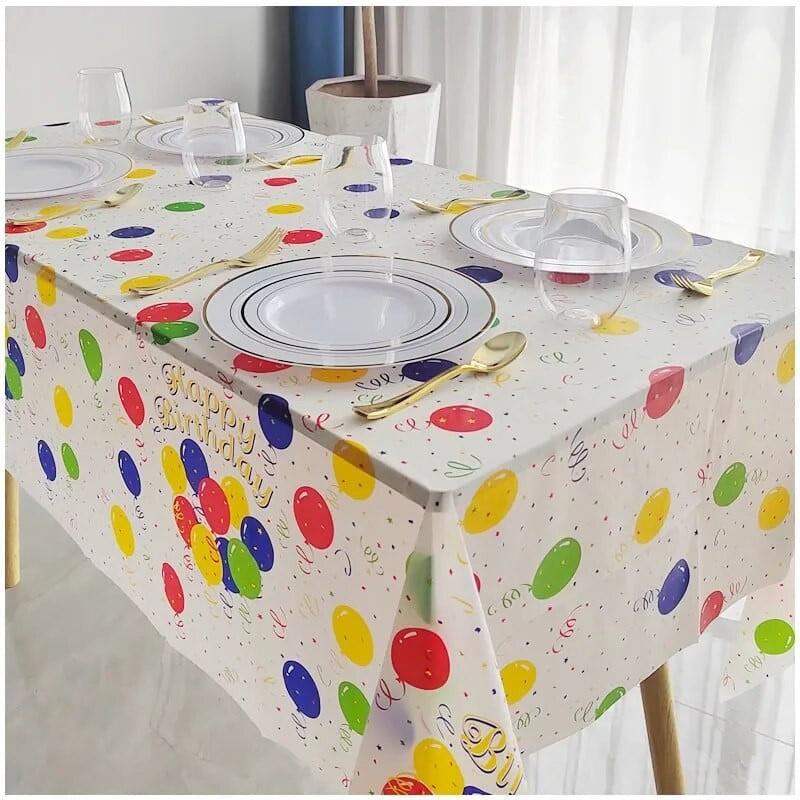 Fata de Masa, Vivimall, din PEVA, Imprimeu Happy Birthday cu Baloane, 137 x 274 cm, Impermeabila, Fara Pete, Curatare Rapida, Multicolor - vivimall.ro