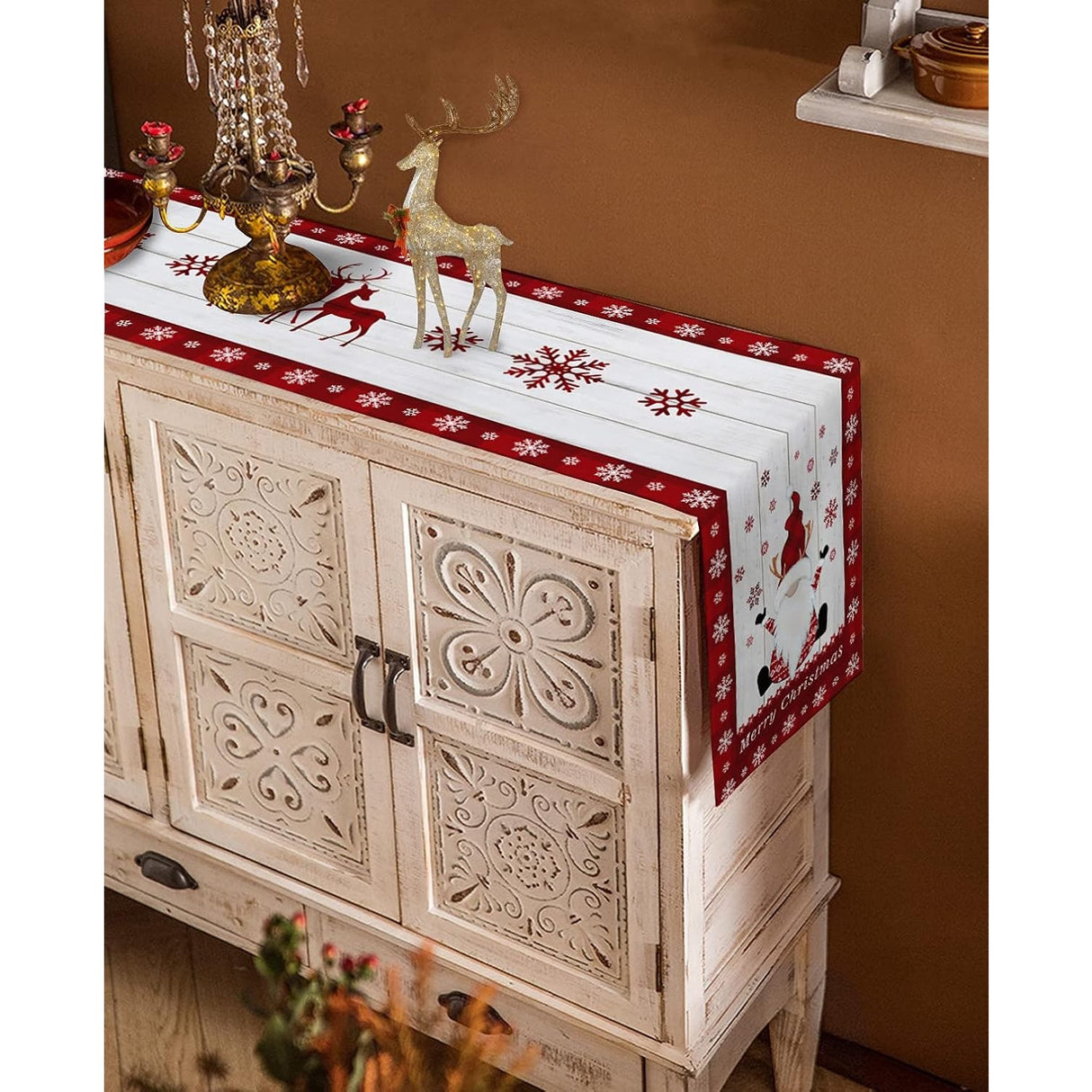 Fata de Masa Craciun, Vivimall, Model 1 Elfi si Reni, din Textil, 33x180cm, Alb/Rosu - vivimall.ro